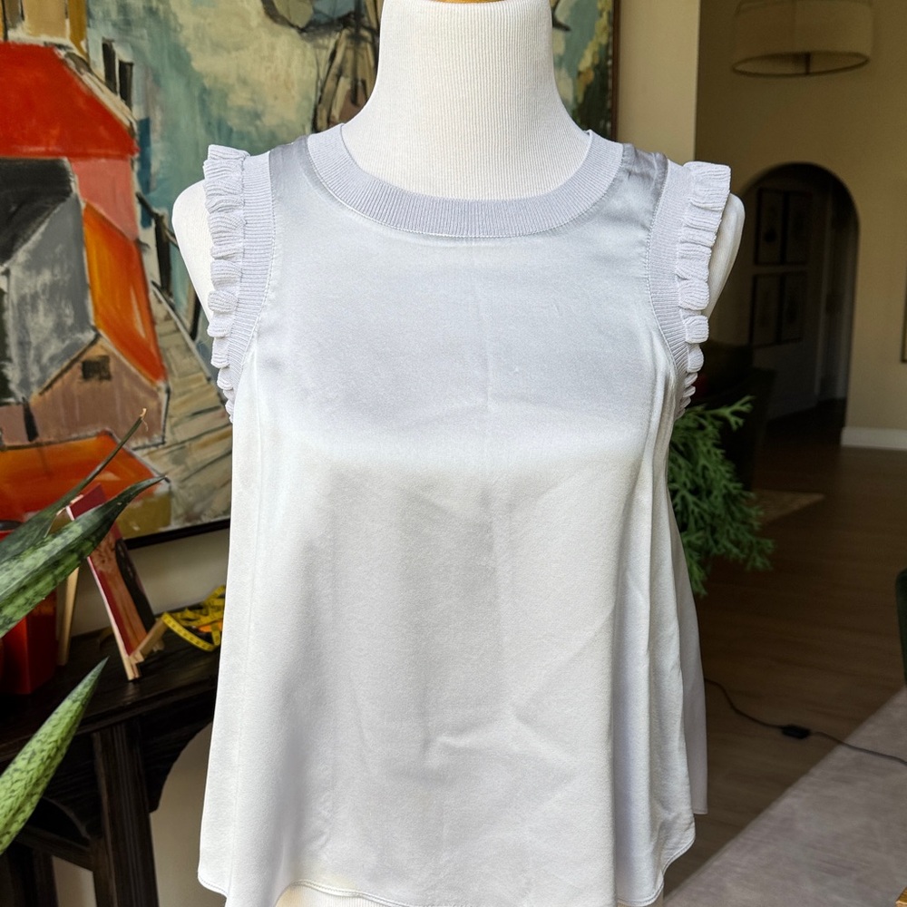 Cinq a Sept Ice Blue Silk Ruffle Trim Shell - Picture 2 of 7